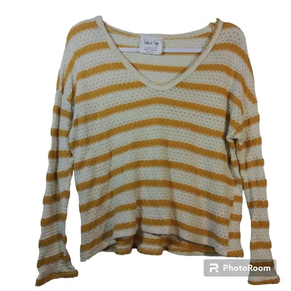 Sadie & Sage Yellow Stripe V Neck Knit Sweater Top Size Small